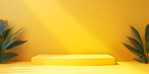 Poster - Blank yellow display on vivid summer background with minimal style. Blank stand for showing product. 3D rendering.