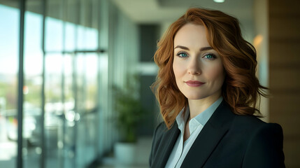 Wall Mural - A confident woman with striking blue eyes and auburn hair dressed in a professional suit stands in a modern,