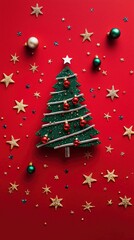 Wall Mural - Christmas Tree with Stars and Ornaments on Red Background