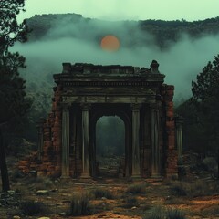 Ancient Ruins of Temple Shrouded in Mystical Twilight Fog and Framed by Green Pines with Glowing Sun Setting Behind in a Tranquil Valley