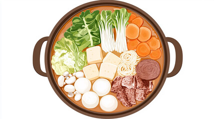 Isolated Top View of Sukiyaki Hot Pot with Boiling Vegetables