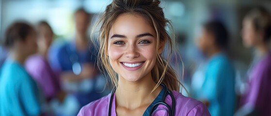 Wall Mural - A smiling female doctor with her thumbs up, giving the sign of success to us in the front view. 