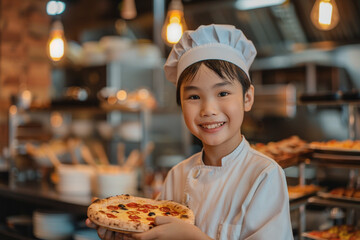 Asian smiling child cooks pizza. Master class for children on cooking deserts. Young children learn to cook a homemade restaurant food. Little cook.