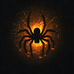 Flat Glossy Spider Background with Glowing Web concept as A glossy background featuring a large spider on a glowing web in a dark creepy setting. Ideal for horror themed Halloween advertisements or sp