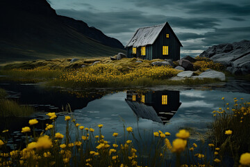 Wall Mural - Small black house near lake