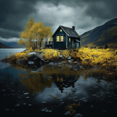 Wall Mural - Small black house near lake