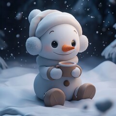 Poster - Cute Snowman Enjoying Hot Chocolate in the Snow