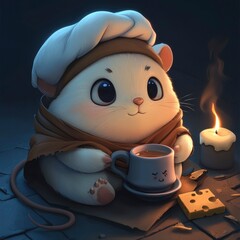 Poster - Adorable Cartoon Mouse Enjoying a Cup of Tea with a Candle