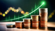 © Peerawat - Stacked coins and an upward trend line symbolize growing financial success.