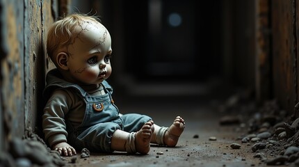 Wall Mural - Eerie cracked doll with missing eye i