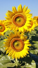 Wall Mural - Two vibrant sunflowers in full bloom with green leaves in the background.