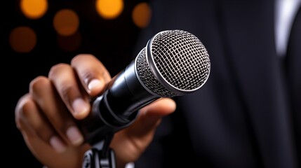 Wall Mural - Close up of Hand Holding Microphone with Blurred Background