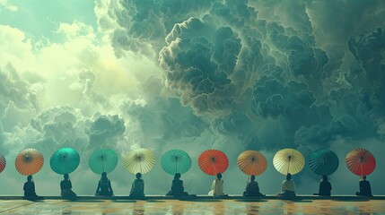 Wall Mural - A row of people sitting on a dock with colorful umbrellas