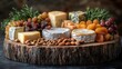 © furyon - rustic wooden stand adorned with artisanal cheeses assorted nuts and vibrant dried apricots arranged in a visually pleasing pattern warm lighting emphasizing textures negative space for text