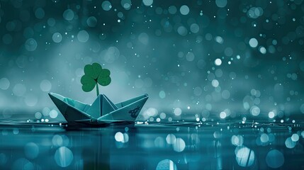 A paper boat with a four-leaf clover floating in the rain