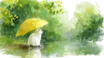 Wall Mural - Cute white cat holding yellow umbrella