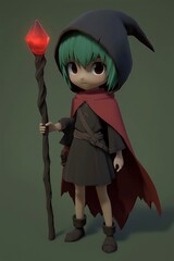 Sticker - Young Cartoon Wizard with Staff and Red Gemstone