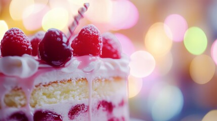 A close-up of a delicious cake topped with raspberries and cream, set against a colorful, blurred background.