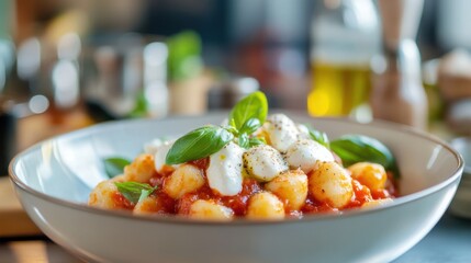 Gnocchi with Tomato Sauce and Burrata: A bowl of gnocchi, dressed in a rich tomato sauce, topped with creamy burrata and fresh basil leaves.