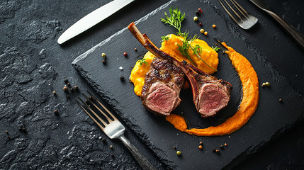 Modern French Cuisine Roasted Lamb Neck Rack Served