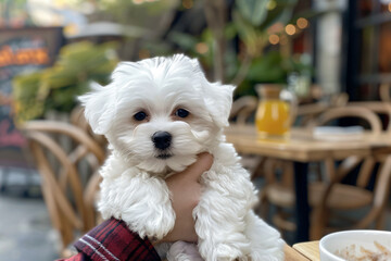 a small white dog sitting on a person's lap