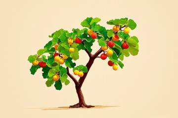 Lush Green Tree with Red and Yellow Fruits