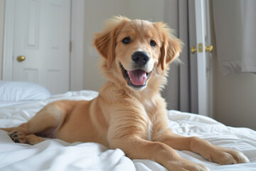 Wall Mural - a dog laying on a bed with a white comforter