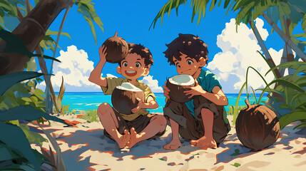 two little kids having fun drinking coconut water in tropical background. Anime style