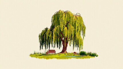 Poster - Weeping Willow Tree with Bench and Small Animal