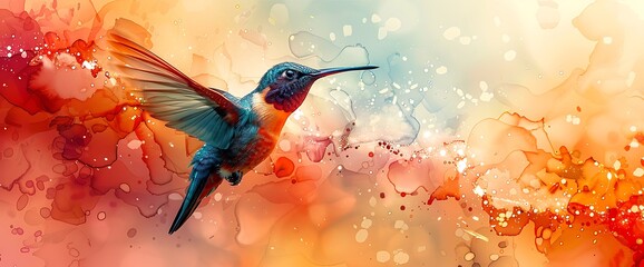 Poster - Colorful watercolor hummingbird with spread wings flying over red, orange, and blue abstract background.