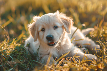 Wall Mural - a puppy laying in the grass with its tongue out