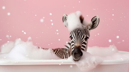 A cute zebra sits in a bathtub with plenty of foam on his head