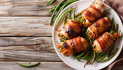 Canvas Print - Delicious chicken rolls stuffed with green beans and carrots wrapped in strips of bacon