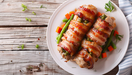 Canvas Print - Delicious chicken rolls stuffed with green beans and carrots wrapped in strips of bacon