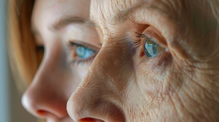 Wall Mural - A woman with blue eyes looks at another woman with a wrinkled face