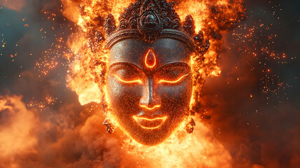 3D Holographic Ravana Head and Fire with Destruction Text concept as A powerful photo featuring a glowing holographic Ravana head with flames symbolizing the destruction of evil in Dussehra. The desig