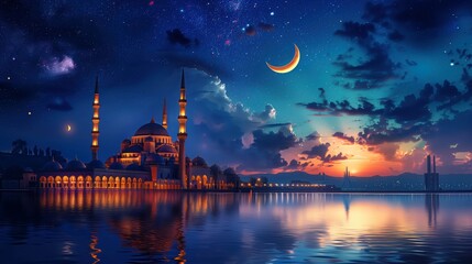 Wall Mural - Serene night scene of a mosque with a crescent moon, blue sky, and stars, reflecting in peaceful waters