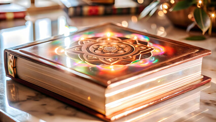 3D Holographic book with Labh Pancham symbol and copy space concept as A holographic book with the Labh Pancham symbol glowing on the cover floating above a white background. The books glossy surface 