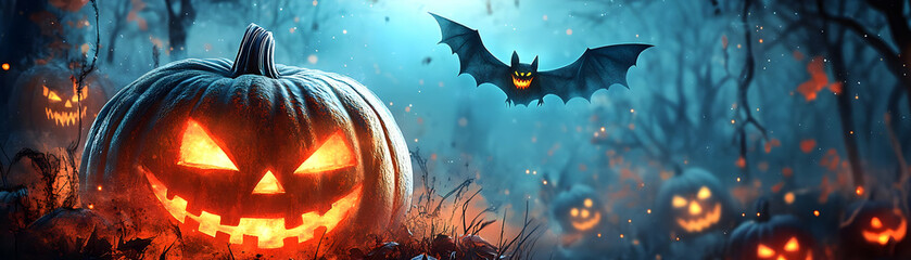 Pumpkin and Bat with Nightfall Text concept as An isolated vector featuring a glowing pumpkin and a bat flying above with the word Nightfall in a bold font. The elements are set against a white backgr