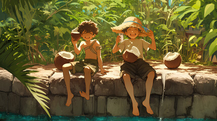 two little kids having fun drinking coconut water in tropical background. Anime style