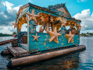 Wall Mural - A boat with a blue roof and a lot of stars on it. The boat is floating on the water