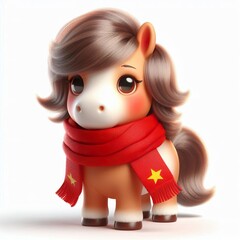 Wall Mural - cute 3d fluffy horse character with red Vietnamese scarf