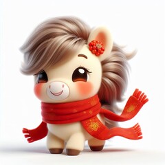 Wall Mural - cute 3d fluffy horse character with red Vietnamese scarf