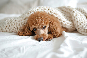 Wall Mural - a dog is laying on a bed under a blanket