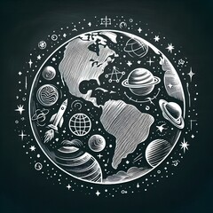 Wall Mural - Globe icon blackboard astronomy universe.