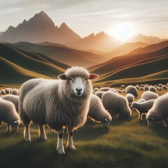 Wall Mural - Grassland sheep livestock outdoors.