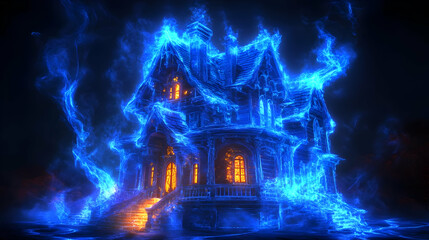 Wall Mural - 3D Glowing Abstract Haunted House concept as A vibrant glowing abstract digital art of a haunted house with eerie light effects and swirling shadows. The scene is perfect for Halloween ads promoting h