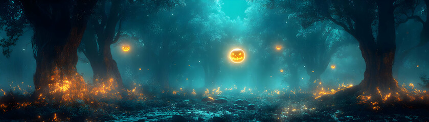 Wall Mural - Glowing Abstract Haunted Forest concept as A dynamic glowing abstract digital art depicting a haunted forest with eerie glowing trees and floating orbs. The scene is ideal for Halloween ads promoting 