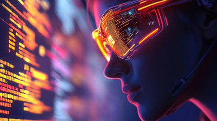 A young woman wearing glasses works with computer code and data. Web engineer interacting with AI. A programmer analyzes the code. A data specialist visualizes information.
