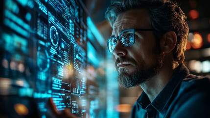 A man wearing glasses works with computer code and data. Web engineer interacting with AI. A programmer analyzes the code. A data specialist visualizes information